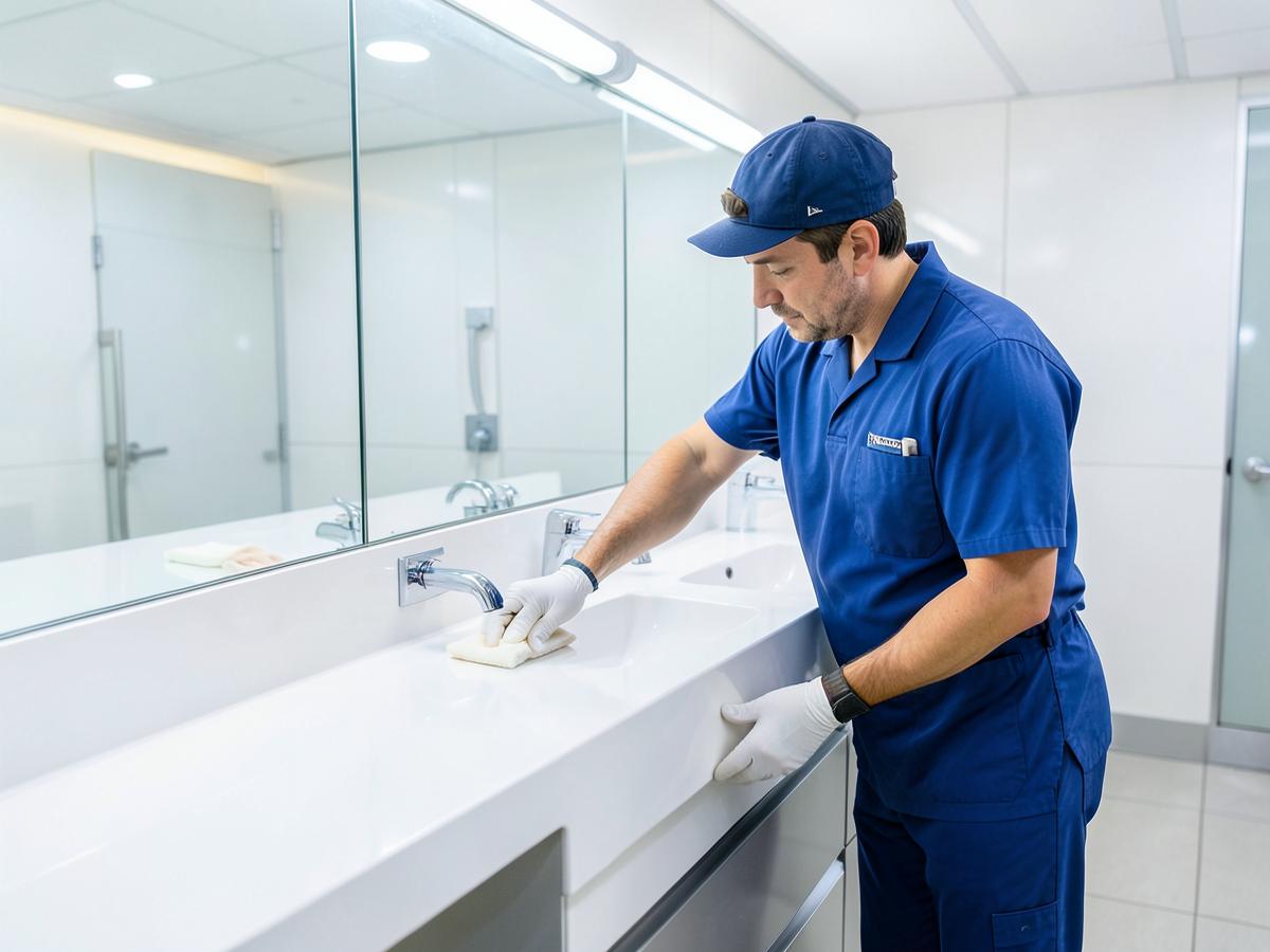 Cleaning technician wiping a modern commercial restroom counter