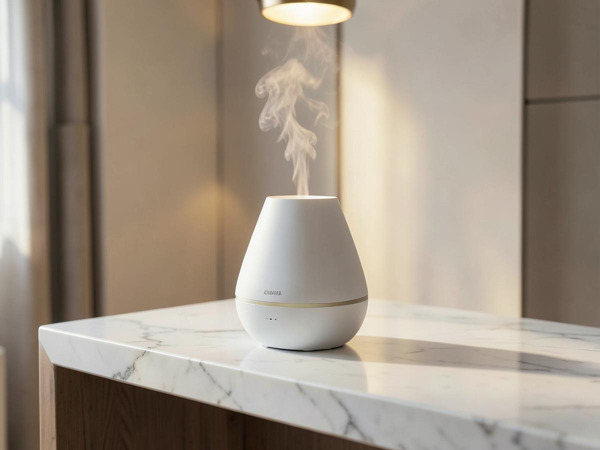 White aroma diffuser releasing scent on a marble console table